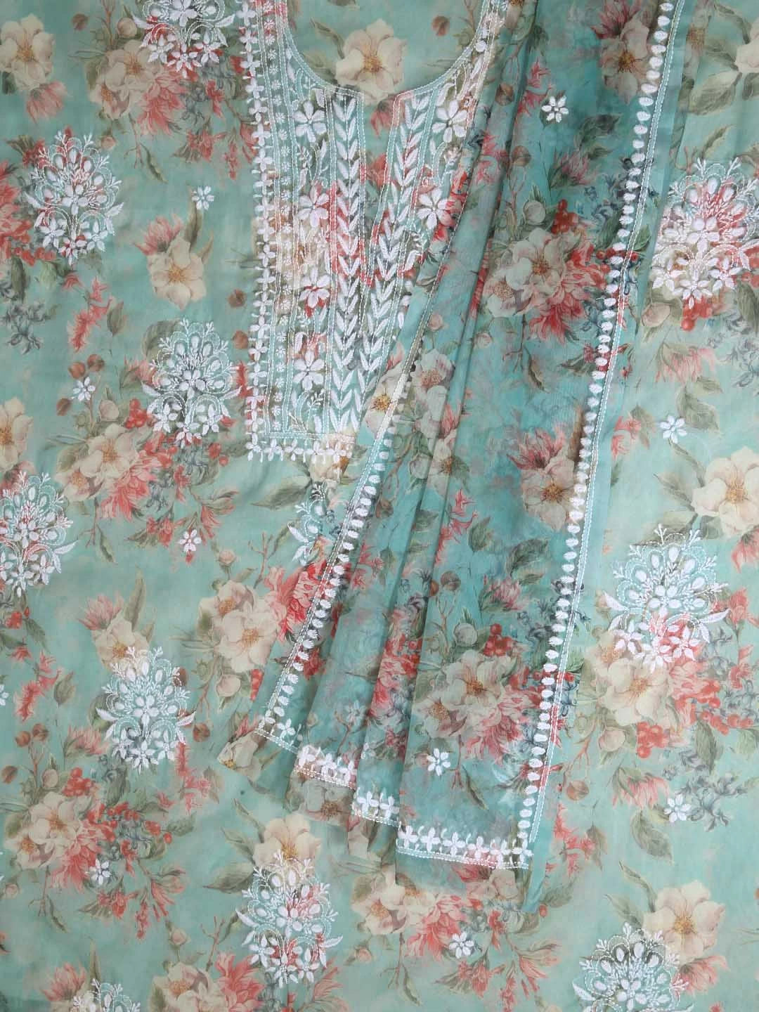 Ada Hand Embroidered Pista Green Organza Lucknowi Chikankari Unstitched Kurta Dupatta Set 01A402423