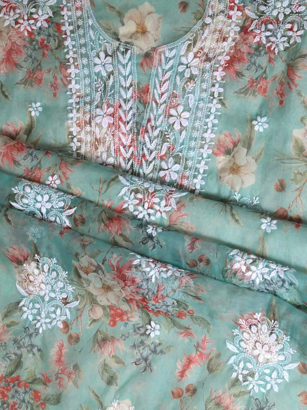 Ada Hand Embroidered Pista Green Organza Lucknowi Chikankari Unstitched Kurta Dupatta Set 01A402423