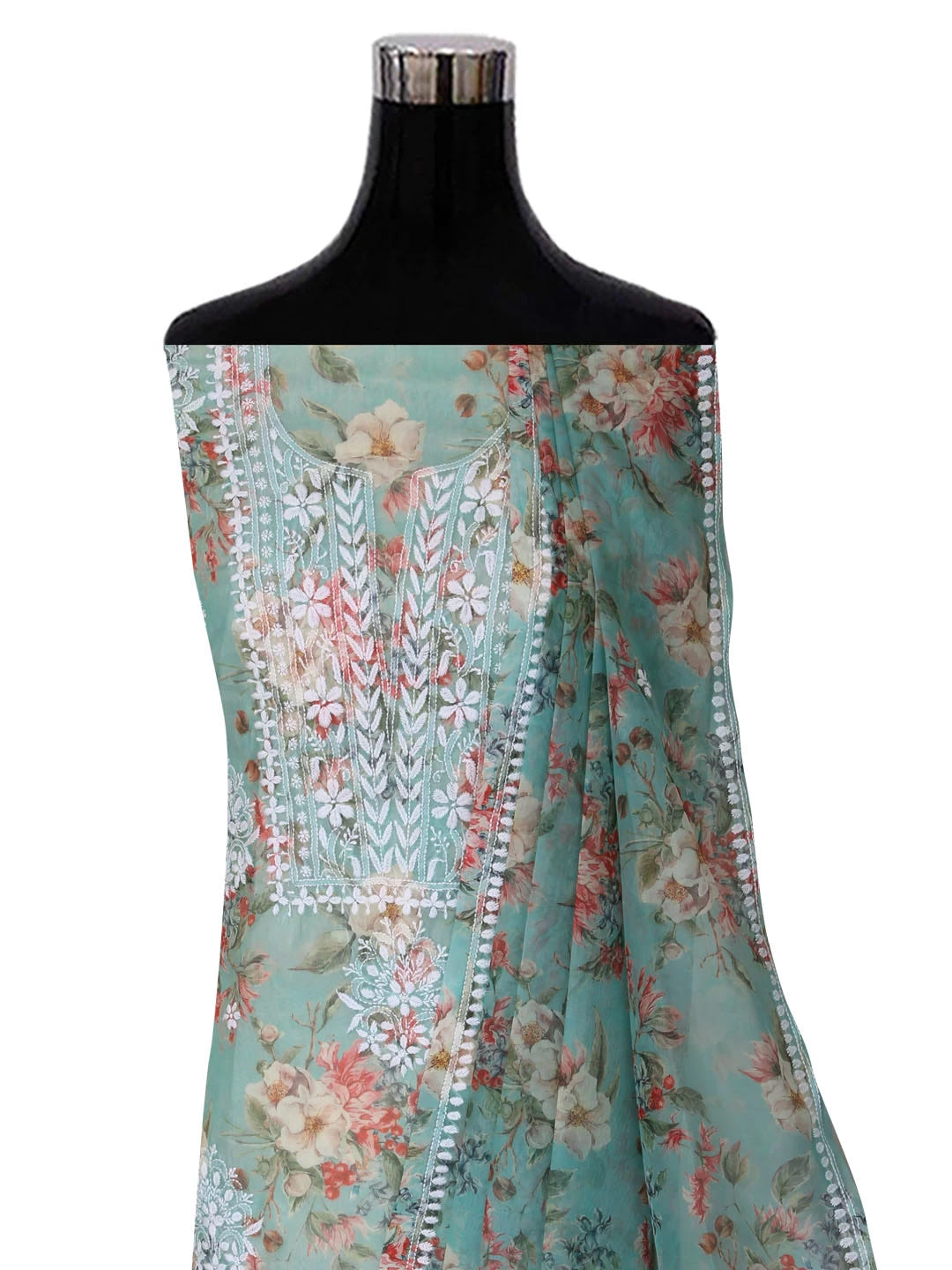 Ada Hand Embroidered Pista Green Organza Lucknowi Chikankari Unstitched Kurta Dupatta Set 01A402423