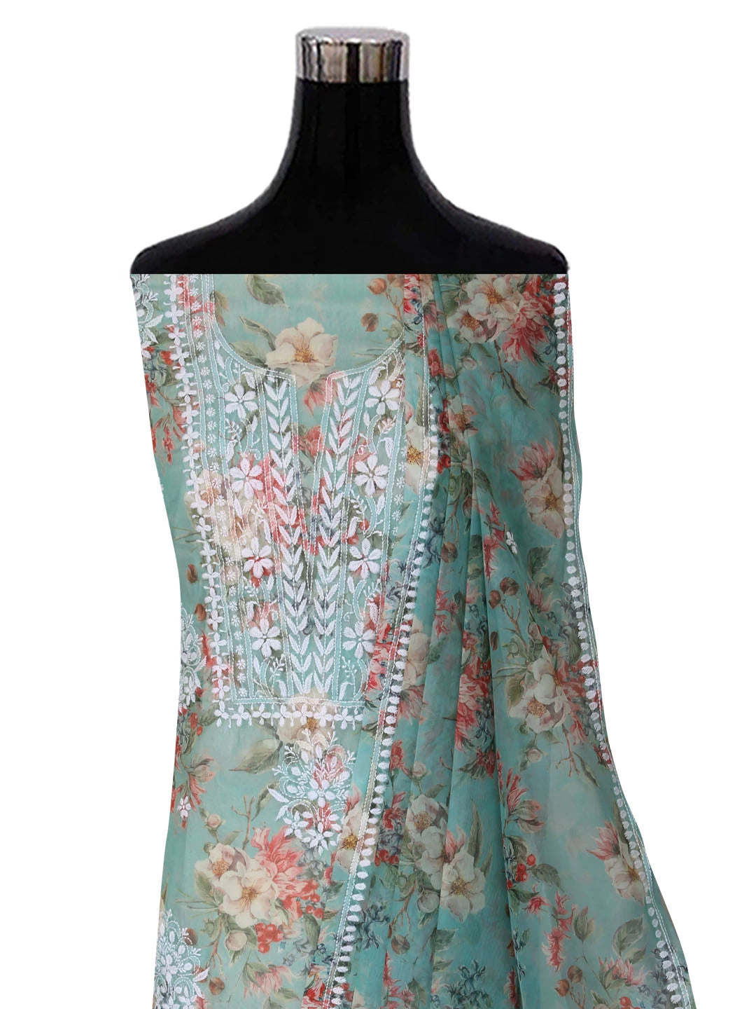 Ada Hand Embroidered Pista Green Organza Lucknowi Chikankari Unstitched Kurta Dupatta Set 01A402423