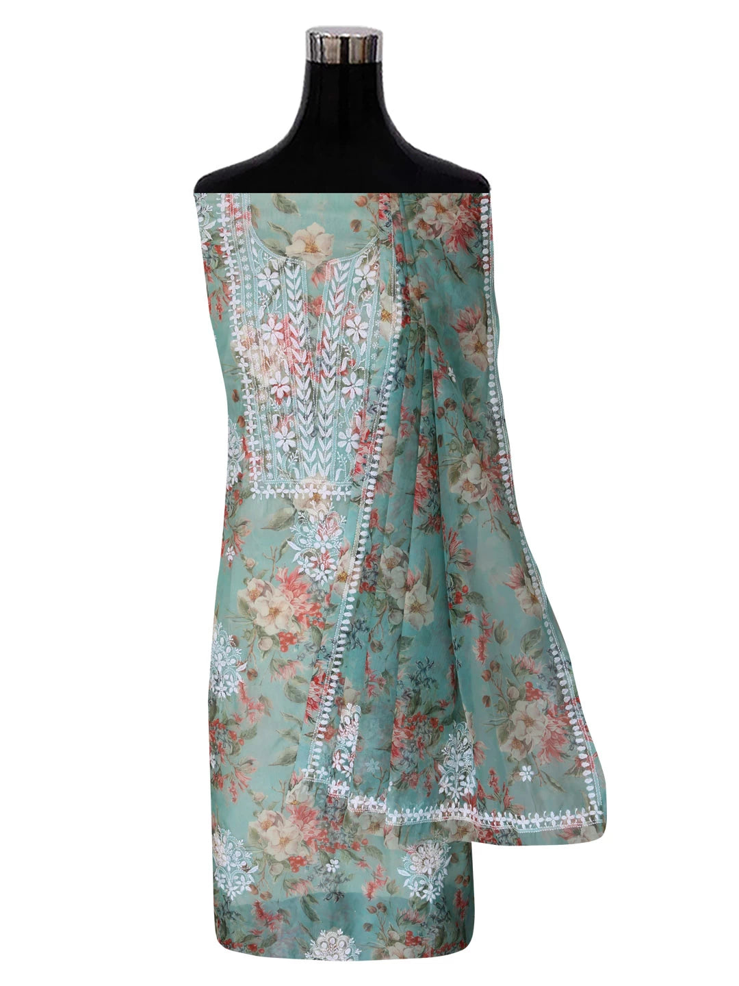Ada Hand Embroidered Pista Green Organza Lucknowi Chikankari Unstitched Kurta Dupatta Set 01A402423
