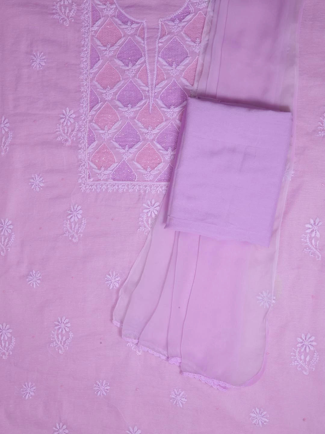 Ada Hand Embroidered Lilac Super Net Lucknowi Chikankari Unstitched Suit Piece With Cutdana Work 01A401946