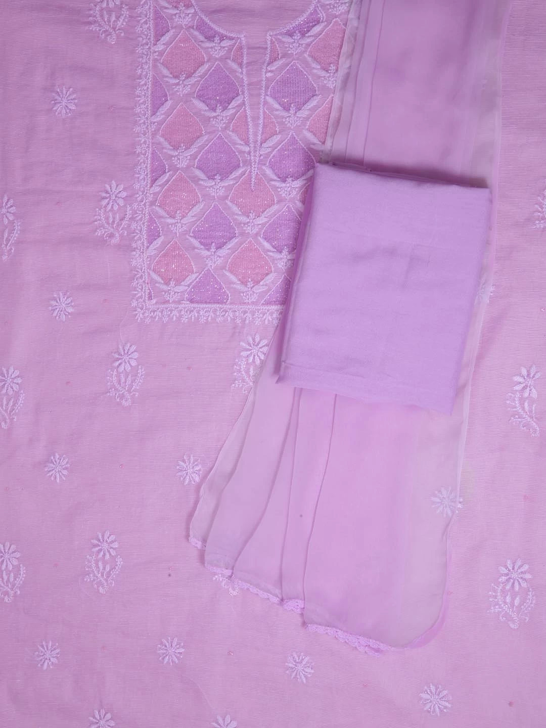 Ada Hand Embroidered Lilac Super Net Lucknowi Chikankari Unstitched Suit Piece With Cutdana Work 01A401946