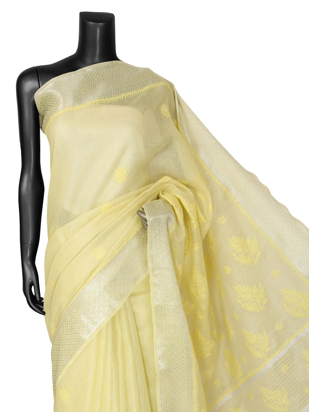 Ada Hand Embroidered Lemon Chanderi Lucknowi Chikankari Saree With Blouse 01A401898