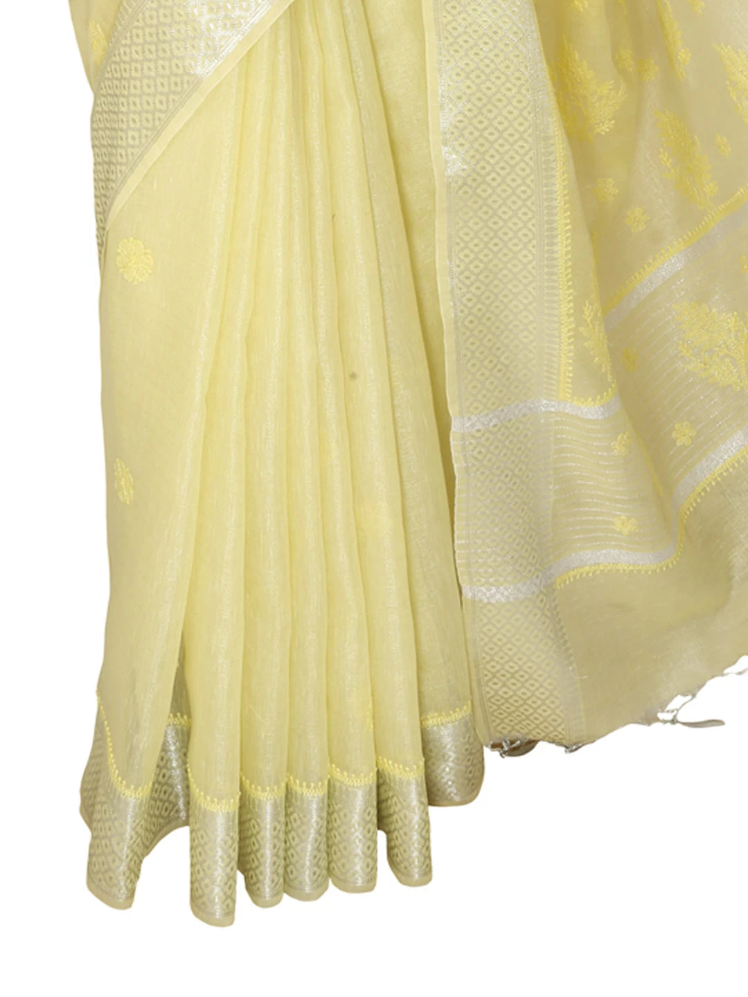 Ada Hand Embroidered Lemon Chanderi Lucknowi Chikankari Saree With Blouse 01A401898