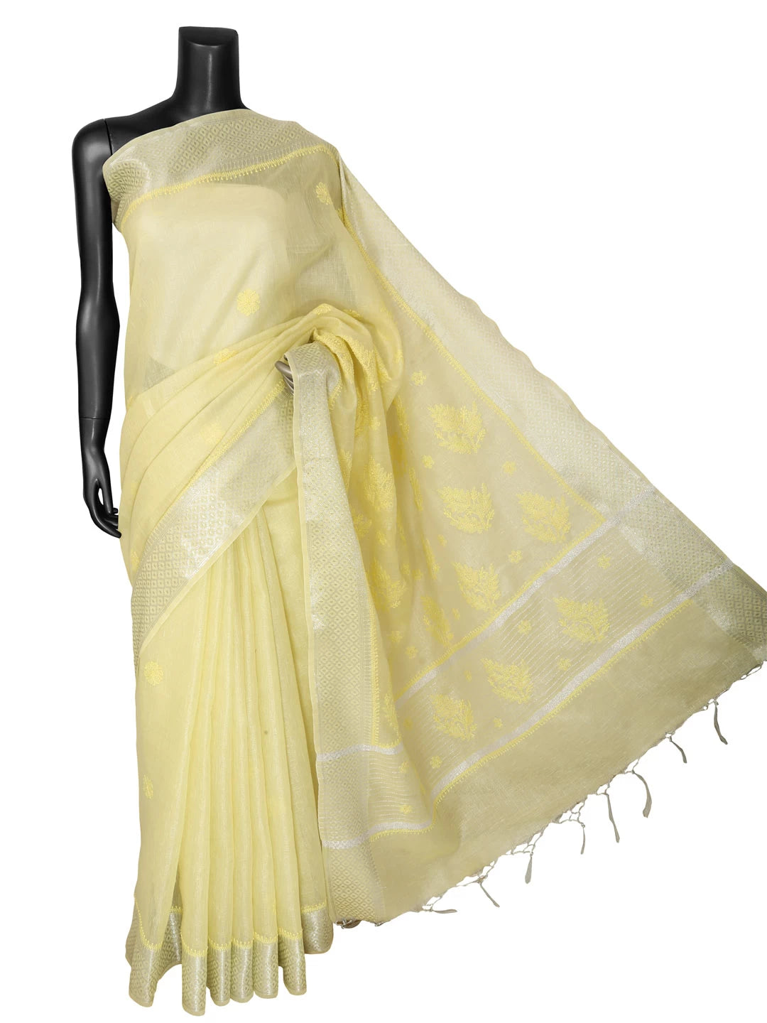 Ada Hand Embroidered Lemon Chanderi Lucknowi Chikankari Saree With Blouse 01A401898