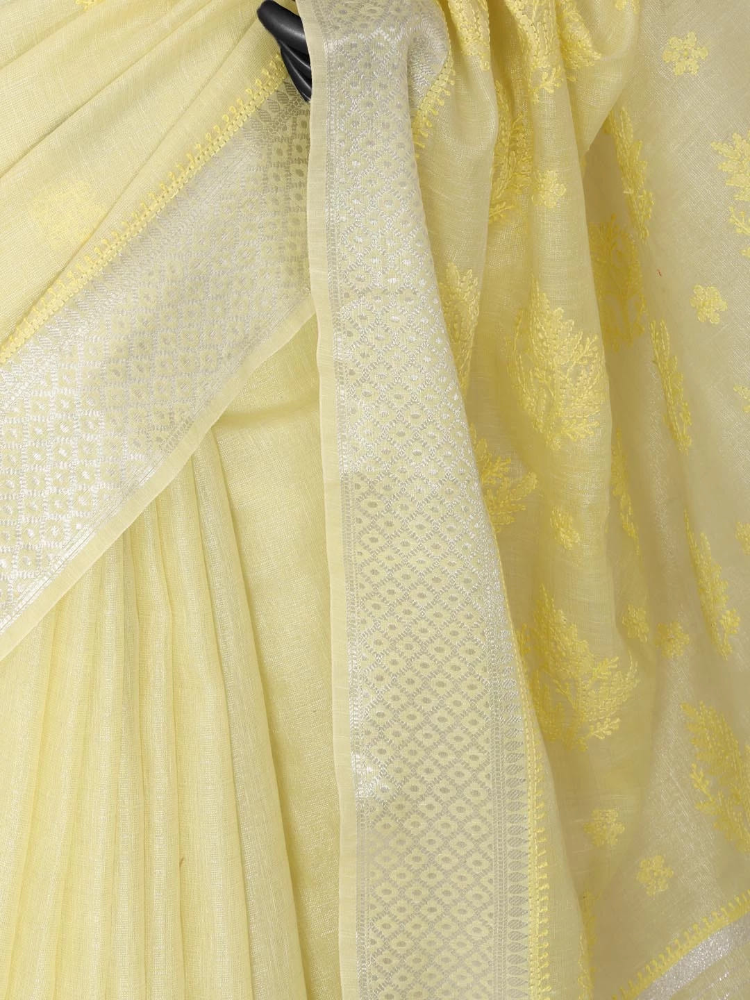 Ada Hand Embroidered Lemon Chanderi Lucknowi Chikankari Saree With Blouse 01A401898
