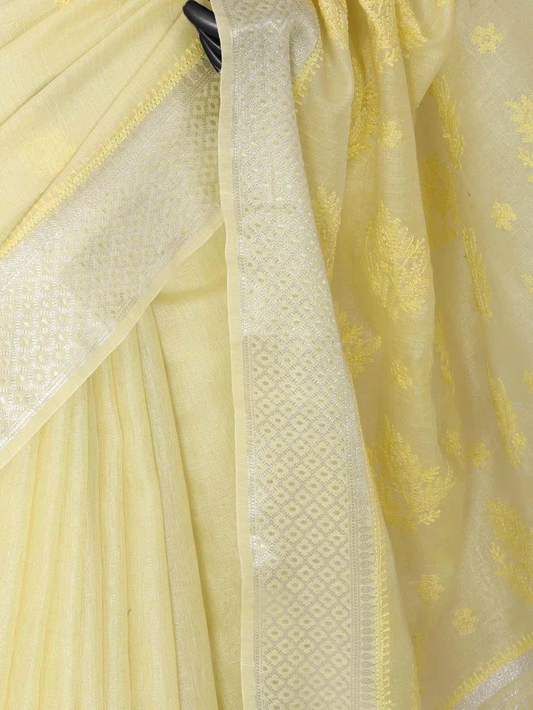 Ada Hand Embroidered Lemon Chanderi Lucknowi Chikankari Saree With Blouse 01A401898
