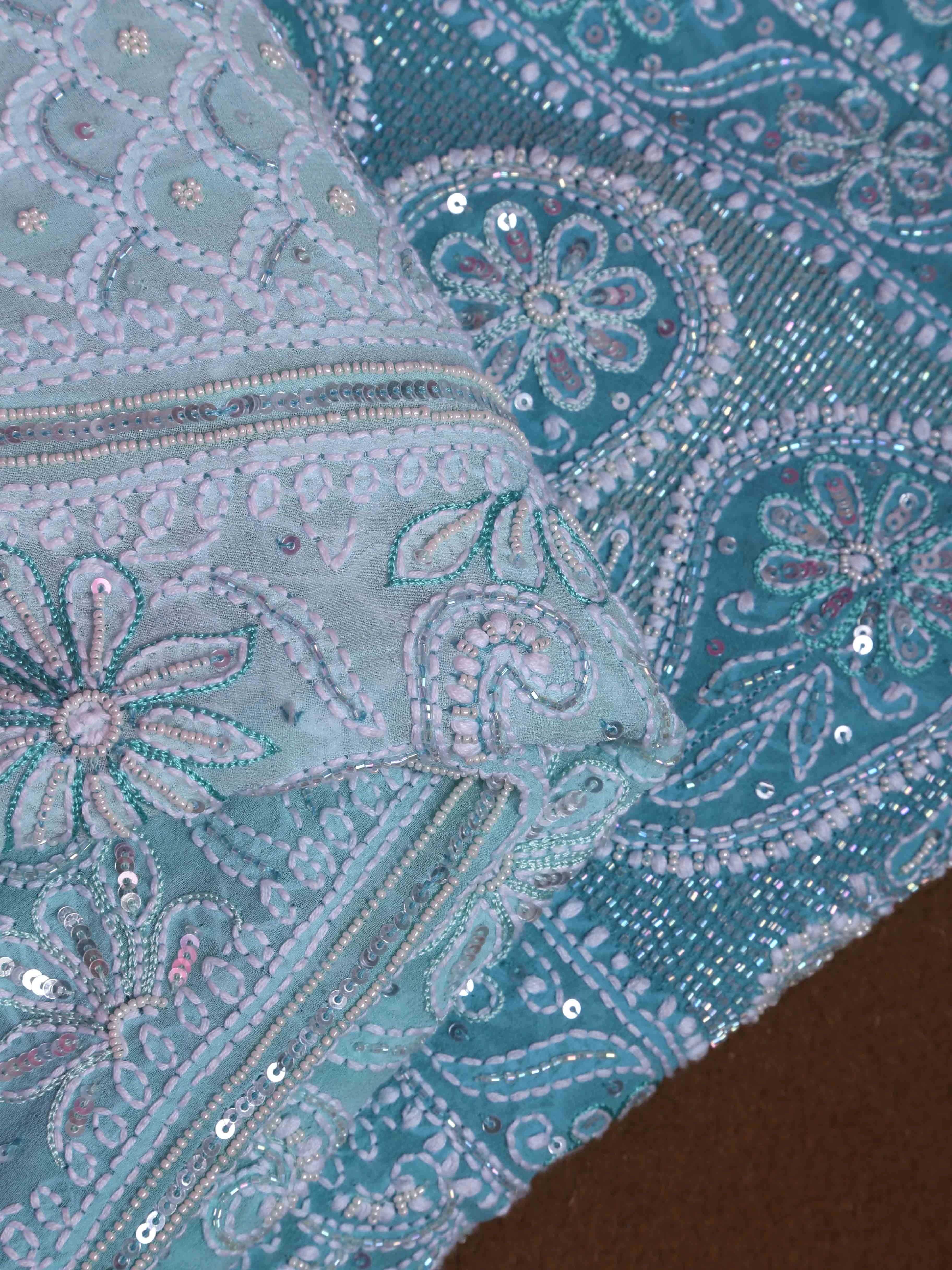 Ada Hand Embroidered Sea Green Ombre Shade Pure Georgette Lucknowi Chikankari Lehenga Set With Cutdana Work 01A367144