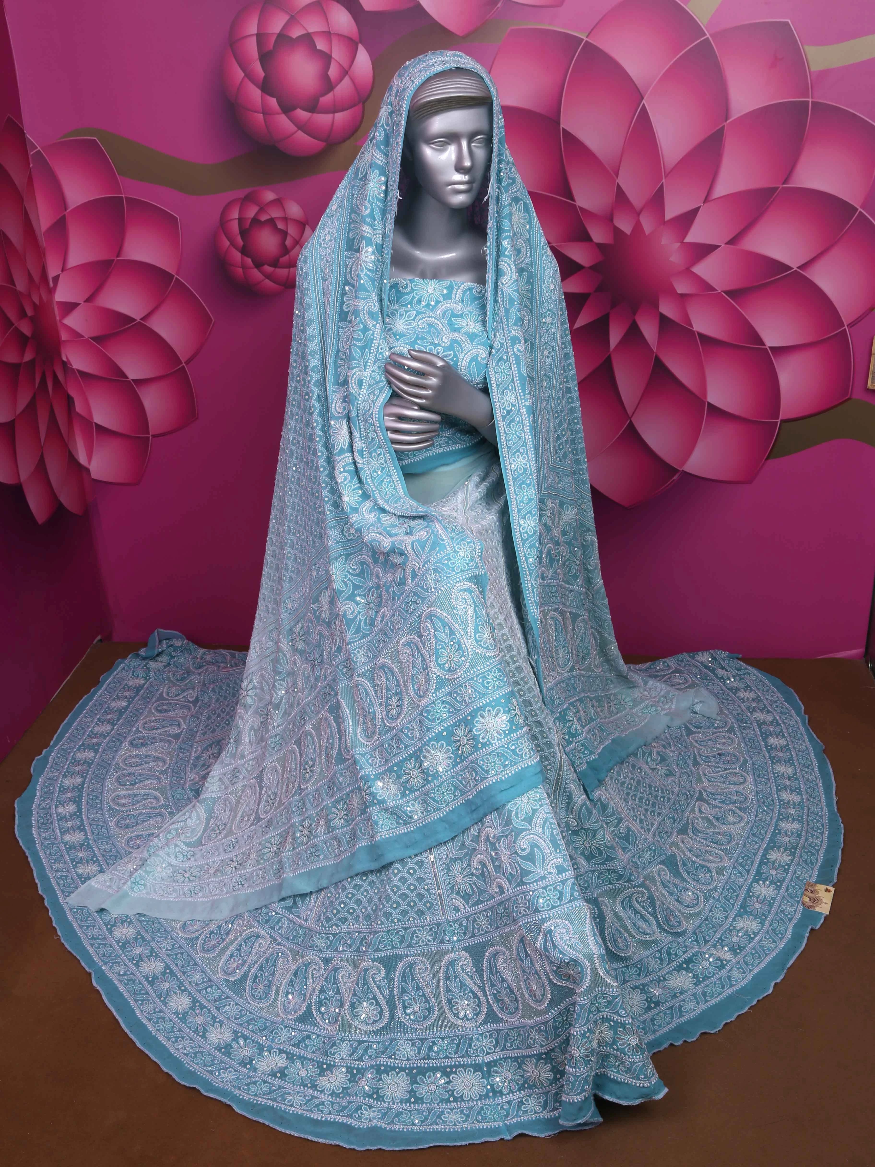 Ada Hand Embroidered Sea Green Ombre Shade Pure Georgette Lucknowi Chikankari Lehenga Set With Cutdana Work 01A367144