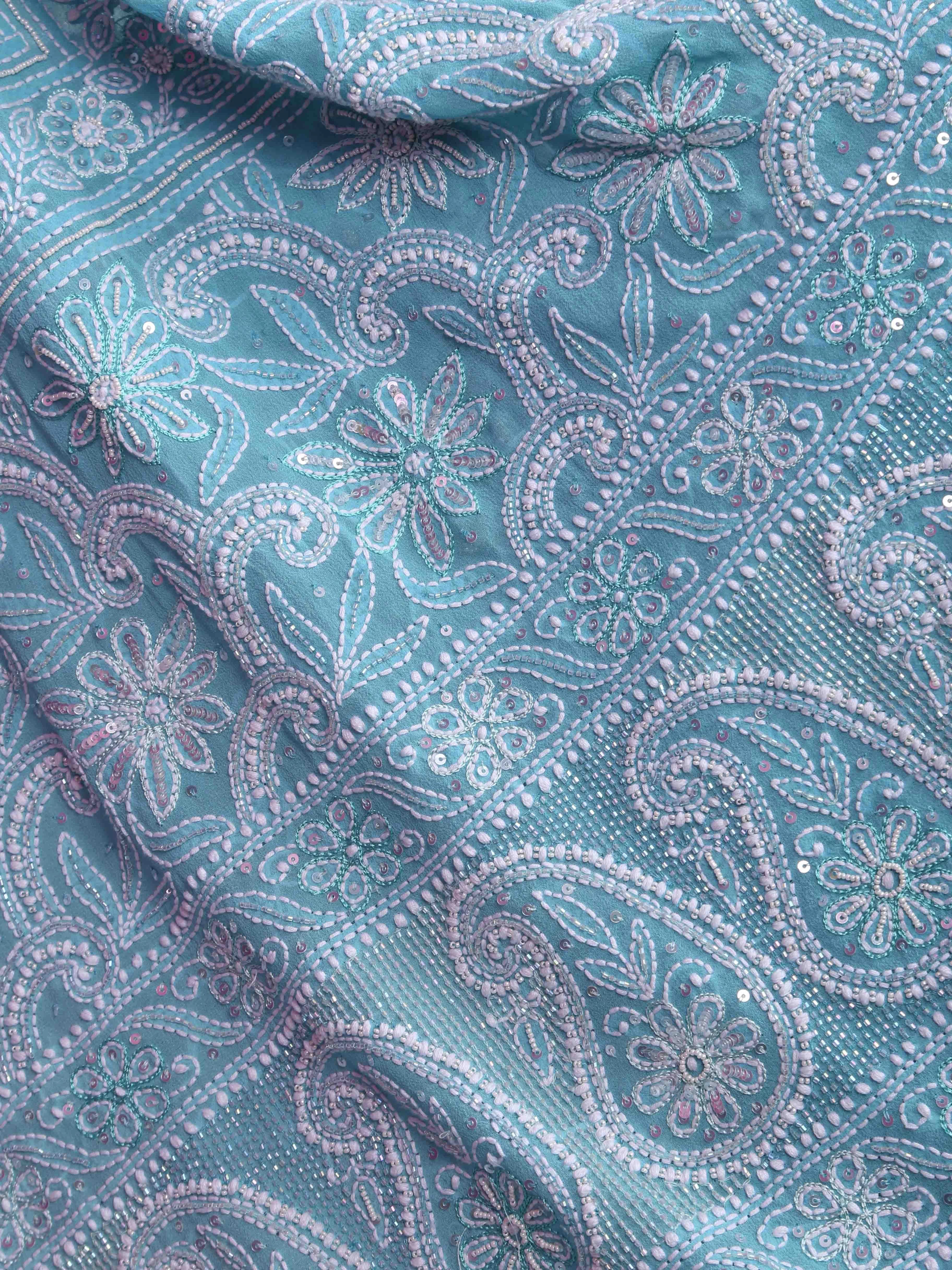 Ada Hand Embroidered Sea Green Ombre Shade Pure Georgette Lucknowi Chikankari Lehenga Set With Cutdana Work 01A367144