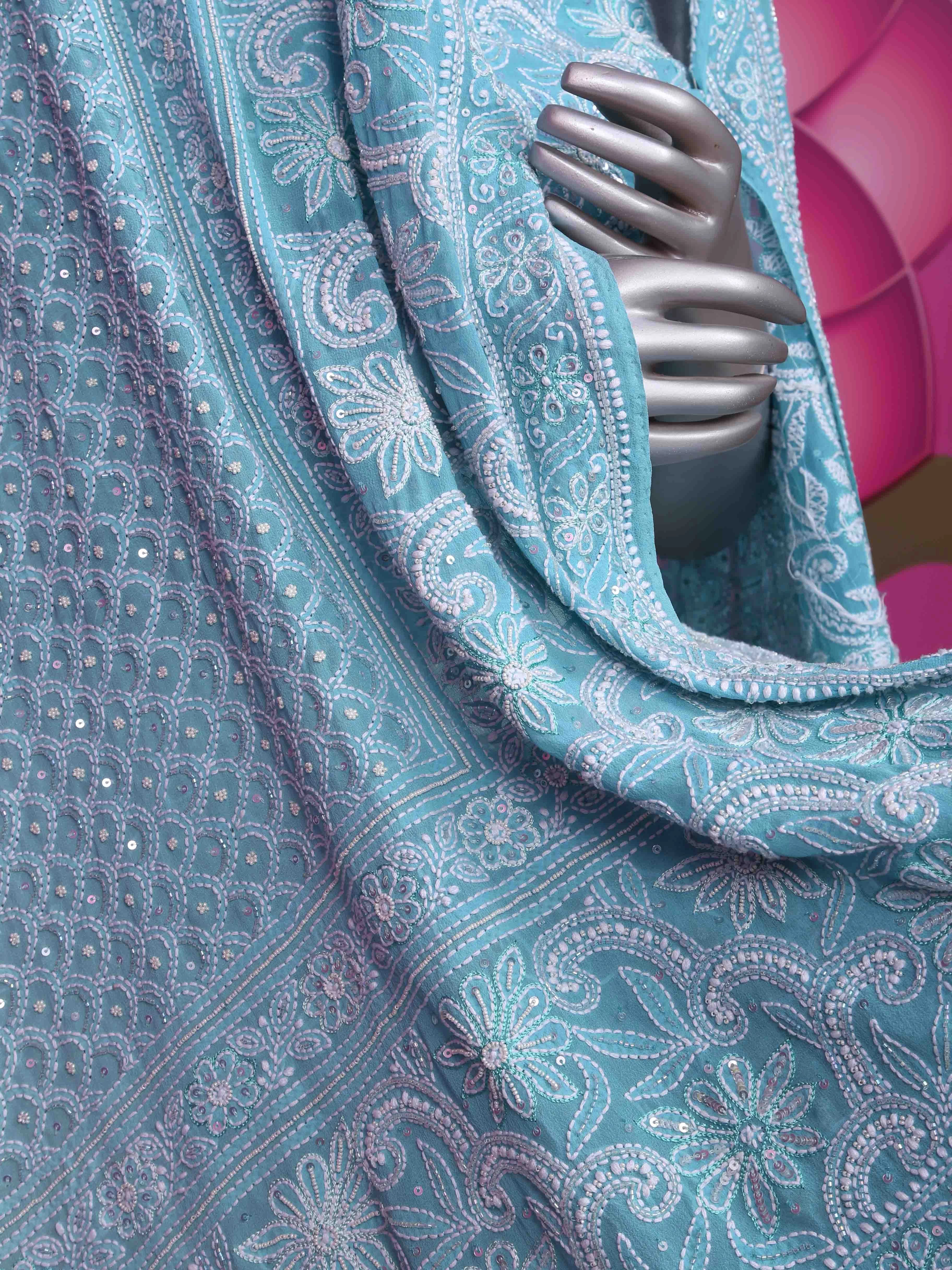Ada Hand Embroidered Sea Green Ombre Shade Pure Georgette Lucknowi Chikankari Lehenga Set With Cutdana Work 01A367144