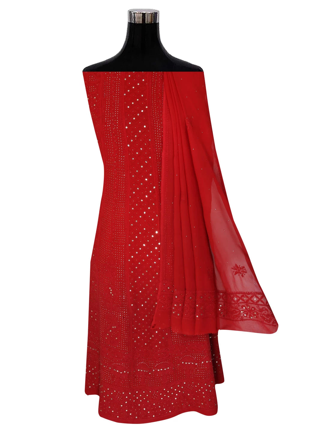 Ada Hand Embroidered Red Ombre Shade Viscose Georgette Lucknowi Chikankari Semi-Stitched Anarkali Kurta Dupatta Set With Muqaish Work 01A196842