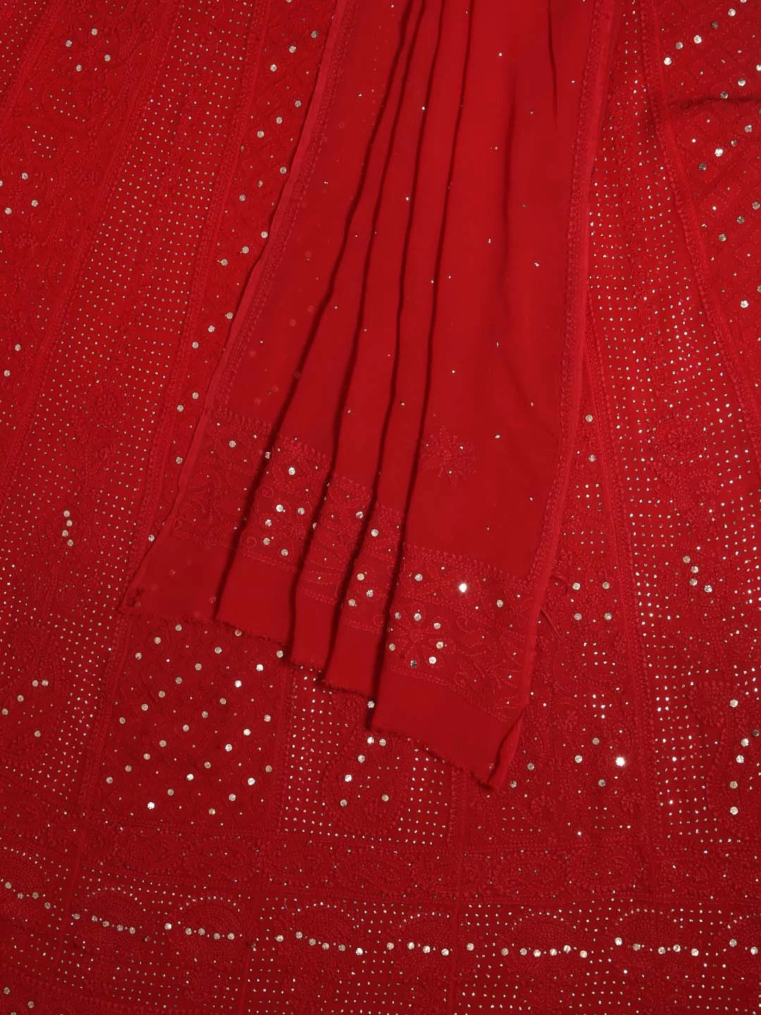 Ada Hand Embroidered Red Ombre Shade Viscose Georgette Lucknowi Chikankari Semi-Stitched Anarkali Kurta Dupatta Set With Muqaish Work 01A196842