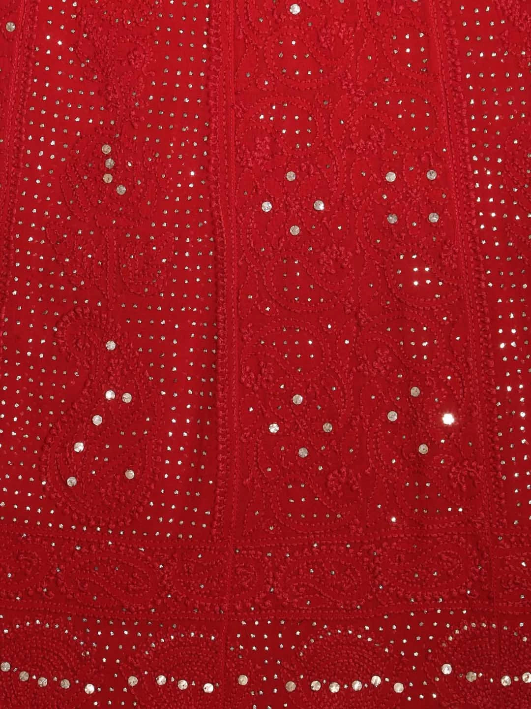 Ada Hand Embroidered Red Ombre Shade Viscose Georgette Lucknowi Chikankari Semi-Stitched Anarkali Kurta Dupatta Set With Muqaish Work 01A196842