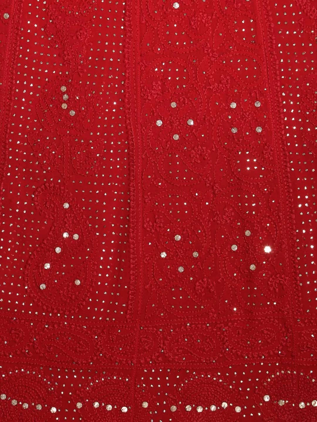 Ada Hand Embroidered Red Ombre Shade Viscose Georgette Lucknowi Chikankari Semi-Stitched Anarkali Kurta Dupatta Set With Muqaish Work 01A196842