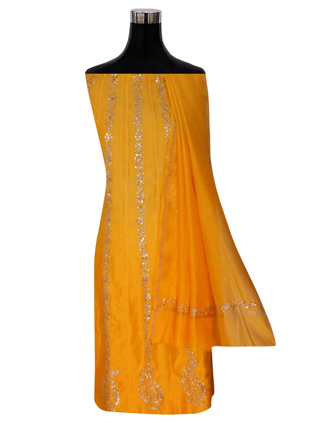 Ada Hand Embroidered Yellow Ombre shade Chanderi Lucknowi Chikankari Semi-Stitched Anarkali Kurta Dupatta Set With Muqaish Work 01A301694