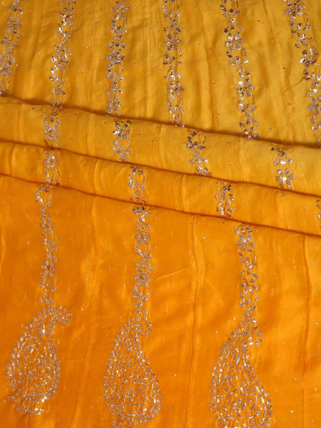 Ada Hand Embroidered Yellow Ombre shade Chanderi Lucknowi Chikankari Semi-Stitched Anarkali Kurta Dupatta Set With Muqaish Work 01A301694