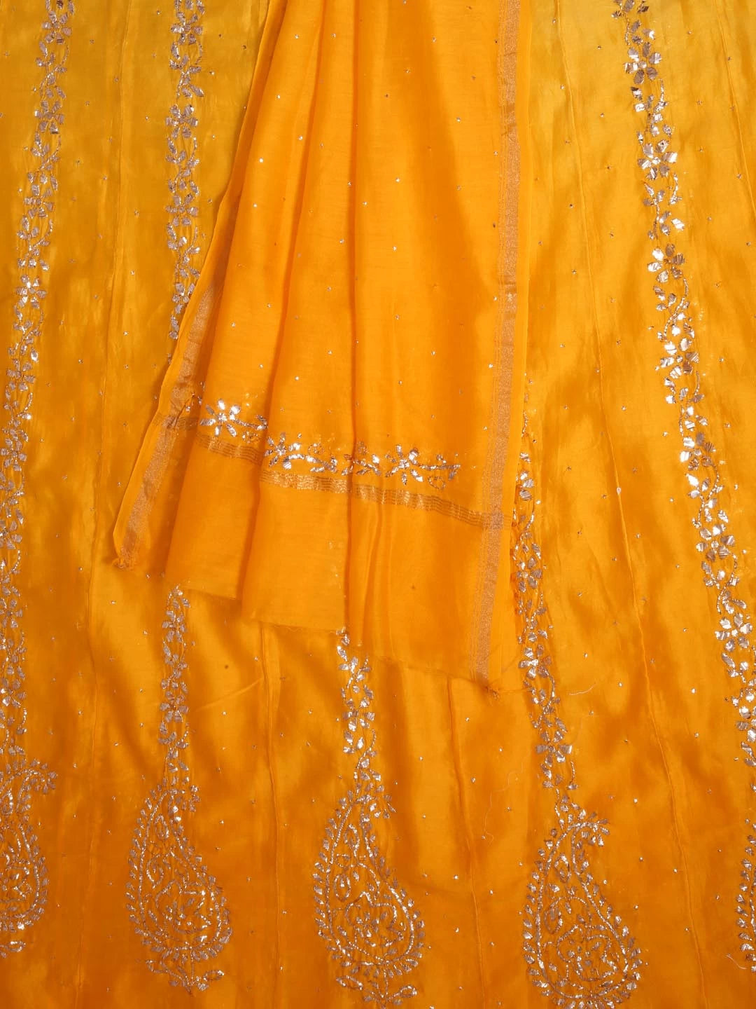 Ada Hand Embroidered Yellow Ombre shade Chanderi Lucknowi Chikankari Semi-Stitched Anarkali Kurta Dupatta Set With Muqaish Work 01A301694