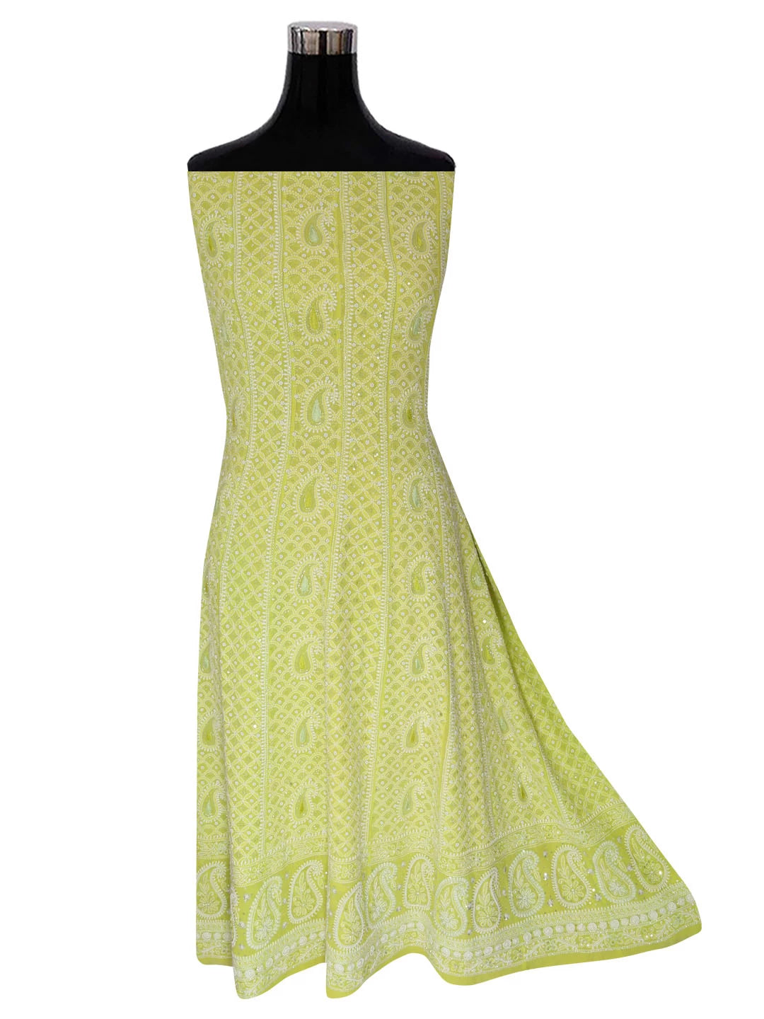 Ada Hand Embroidered Light Green Pure Georgette Lucknowi Chikankari Semi-Stitched Anarkali Kurta Dupatta Set With Pearl Work 01A255900