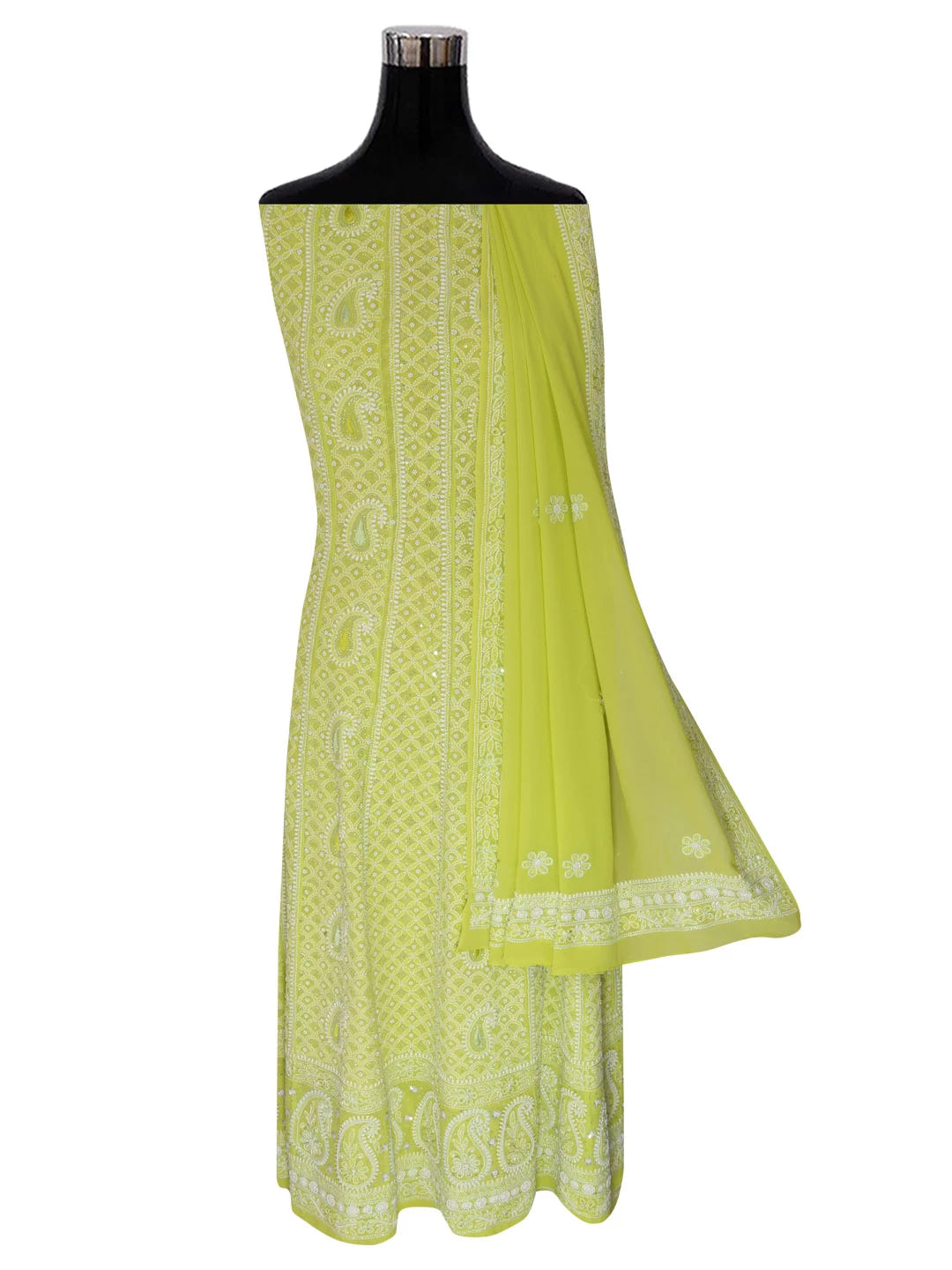 Ada Hand Embroidered Light Green Pure Georgette Lucknowi Chikankari Semi-Stitched Anarkali Kurta Dupatta Set With Pearl Work 01A255900