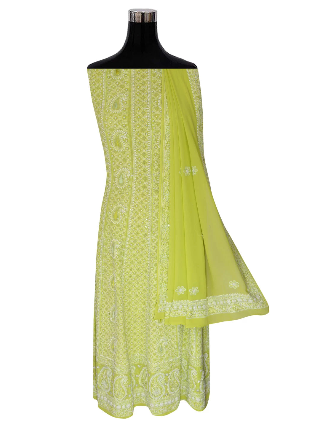 Ada Hand Embroidered Light Green Pure Georgette Lucknowi Chikankari Semi-Stitched Anarkali Kurta Dupatta Set With Pearl Work 01A255900