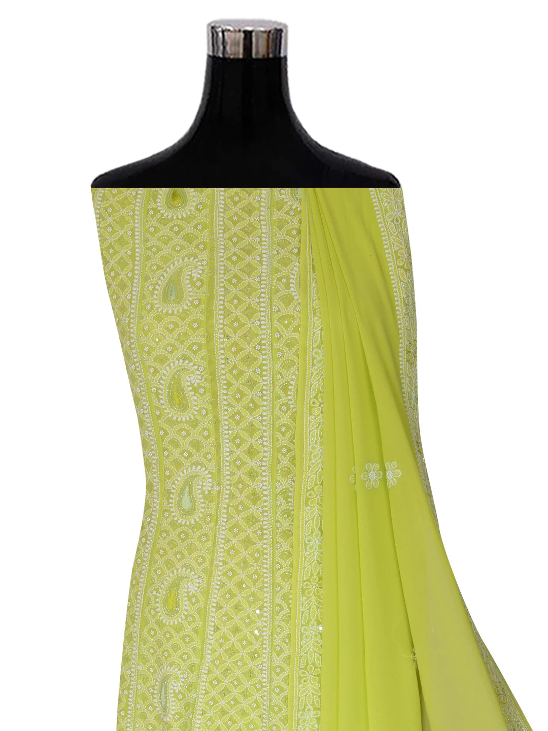Ada Hand Embroidered Light Green Pure Georgette Lucknowi Chikankari Semi-Stitched Anarkali Kurta Dupatta Set With Pearl Work 01A255900