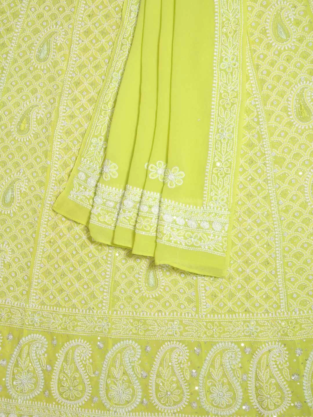 Ada Hand Embroidered Light Green Pure Georgette Lucknowi Chikankari Semi-Stitched Anarkali Kurta Dupatta Set With Pearl Work 01A255900