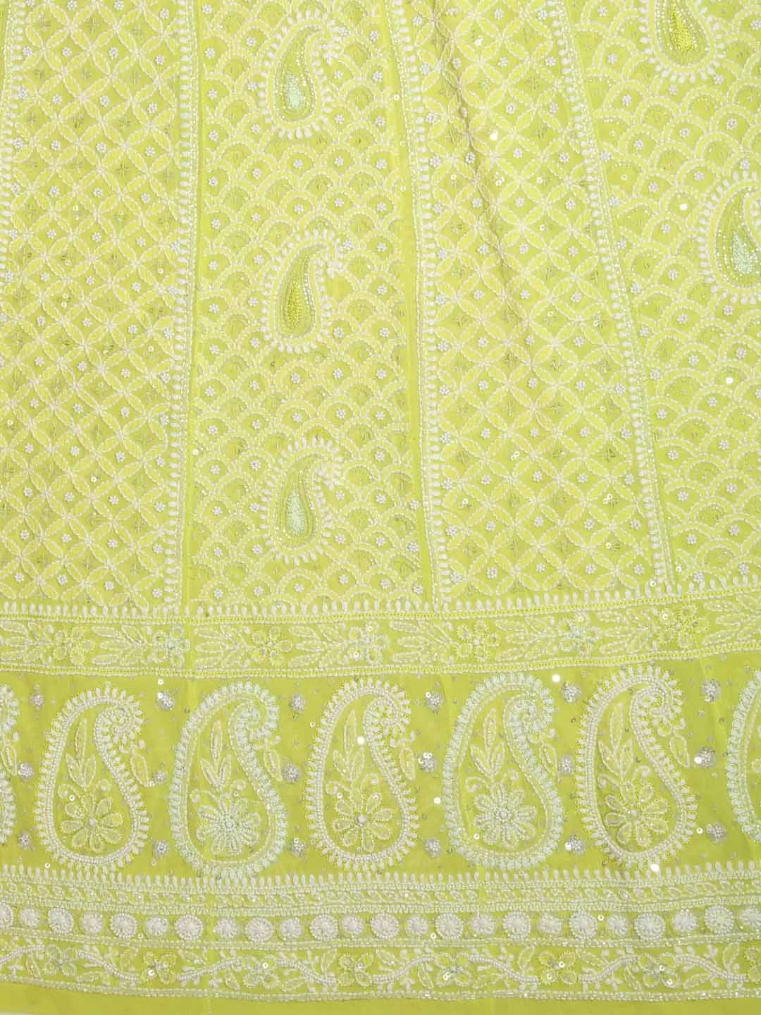 Ada Hand Embroidered Light Green Pure Georgette Lucknowi Chikankari Semi-Stitched Anarkali Kurta Dupatta Set With Pearl Work 01A255900