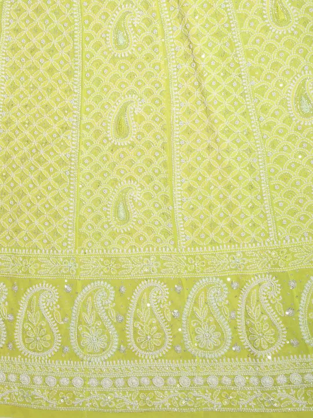 Ada Hand Embroidered Light Green Pure Georgette Lucknowi Chikankari Semi-Stitched Anarkali Kurta Dupatta Set With Pearl Work 01A255900