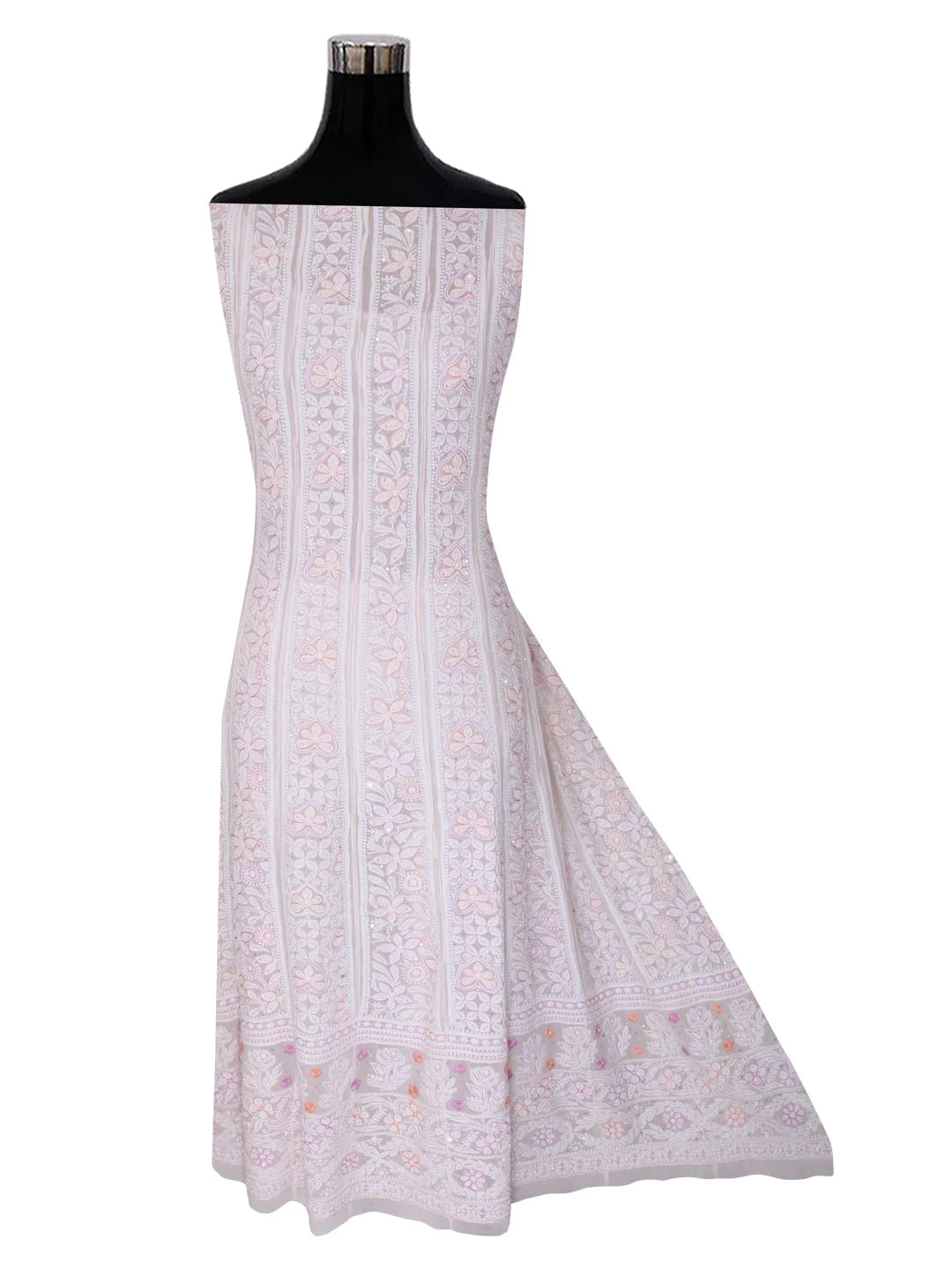 Ada Hand Embroidered White Pure Georgette Lucknowi Chikankari Semi-Stitched Anarkali Kurta Dupatta Set With Cutdana Work 01A283274