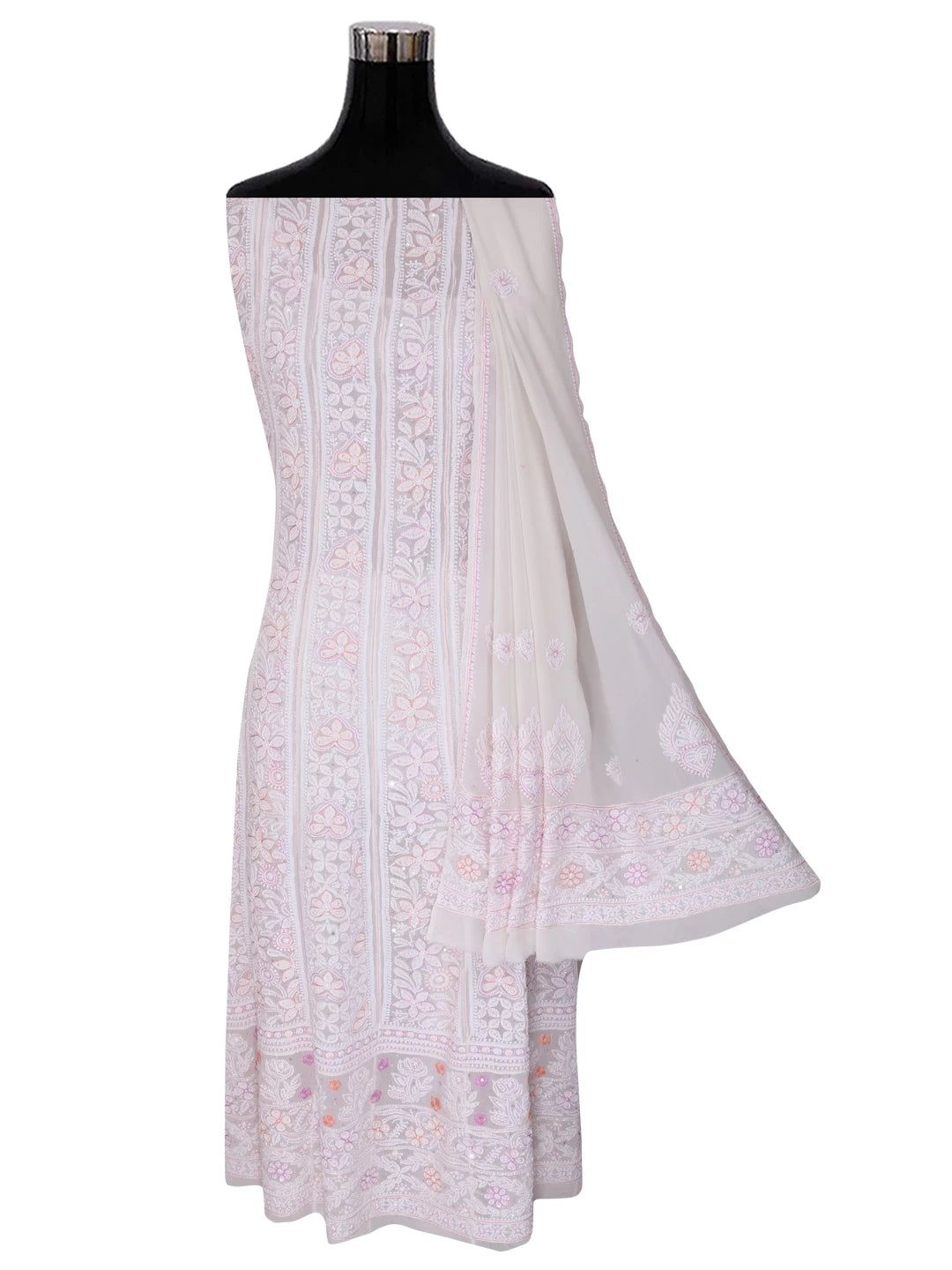 Ada Hand Embroidered White Pure Georgette Lucknowi Chikankari Semi-Stitched Anarkali Kurta Dupatta Set With Cutdana Work 01A283274