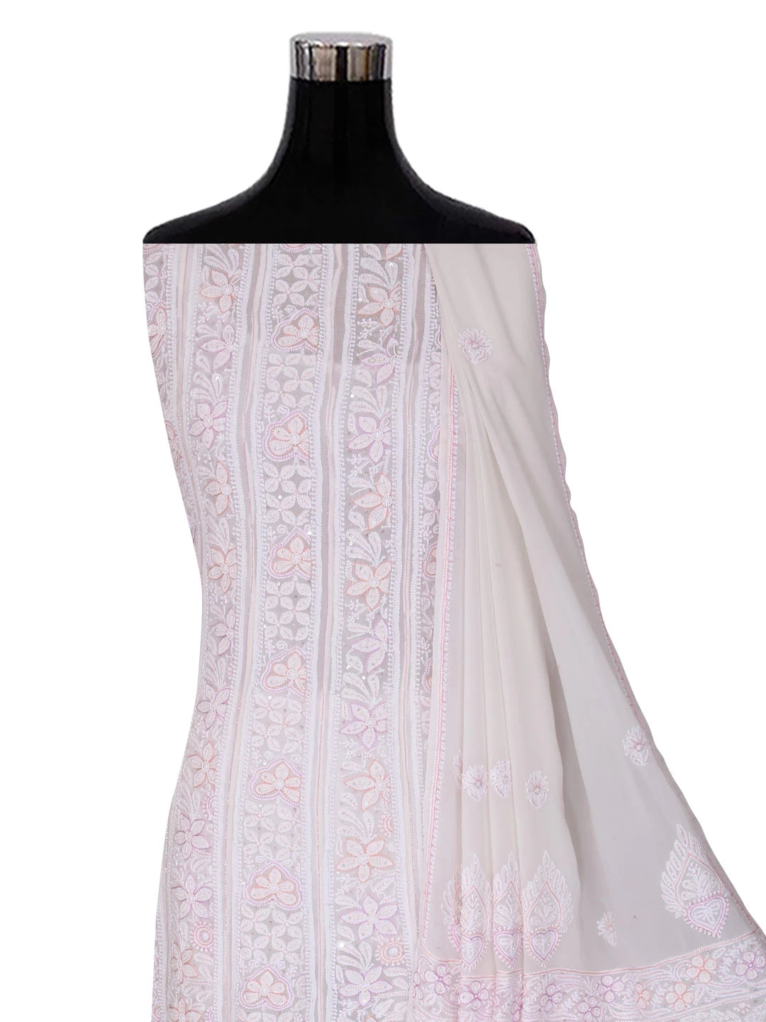 Ada Hand Embroidered White Pure Georgette Lucknowi Chikankari Semi-Stitched Anarkali Kurta Dupatta Set With Cutdana Work 01A283274
