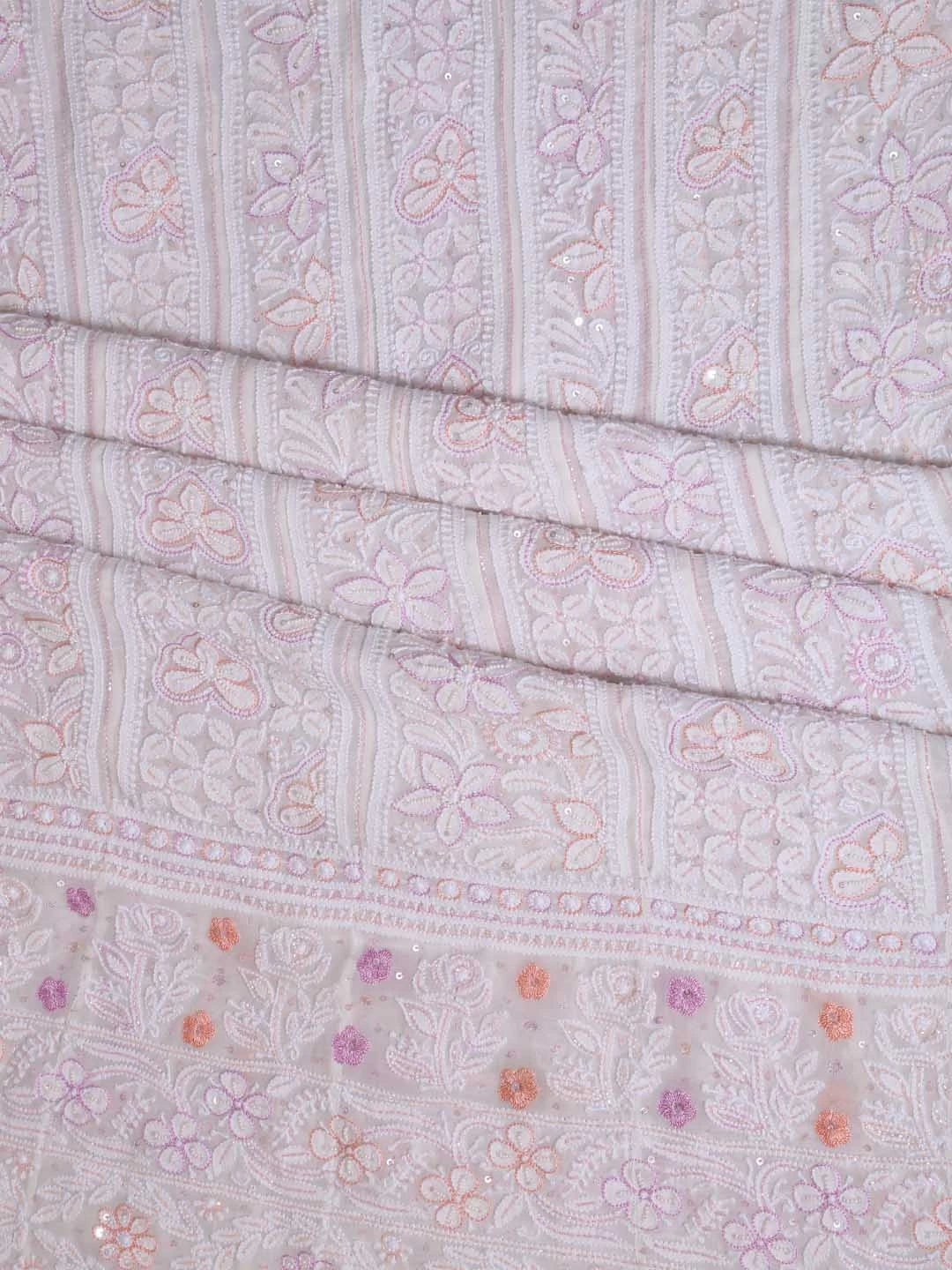 Ada Hand Embroidered White Pure Georgette Lucknowi Chikankari Semi-Stitched Anarkali Kurta Dupatta Set With Cutdana Work 01A283274