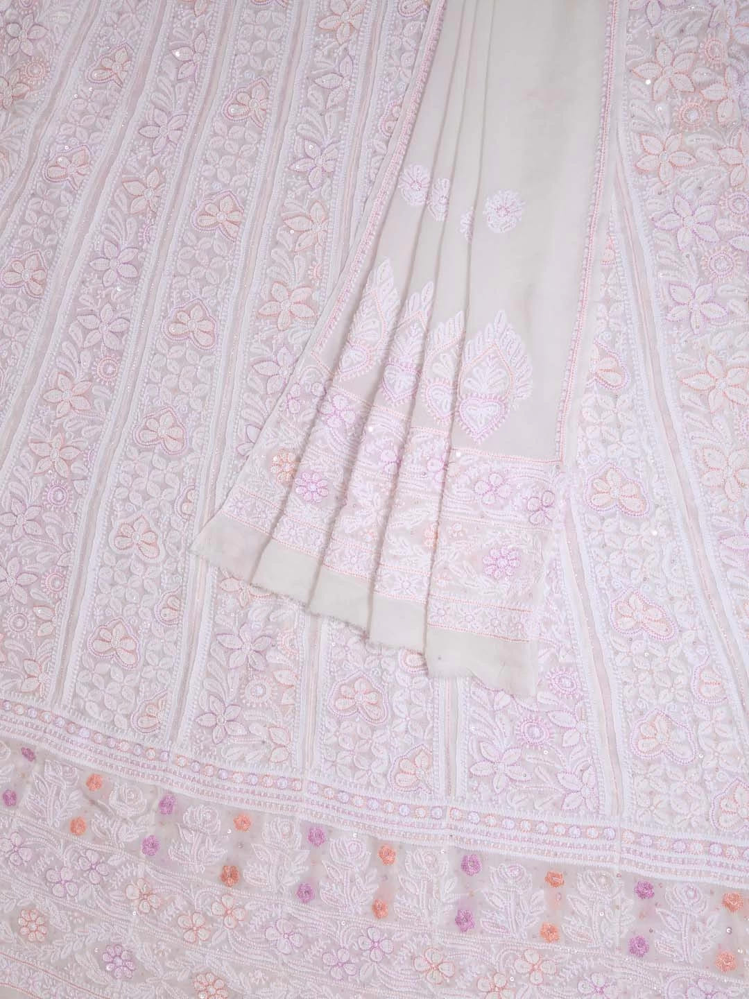 Ada Hand Embroidered White Pure Georgette Lucknowi Chikankari Semi-Stitched Anarkali Kurta Dupatta Set With Cutdana Work 01A283274