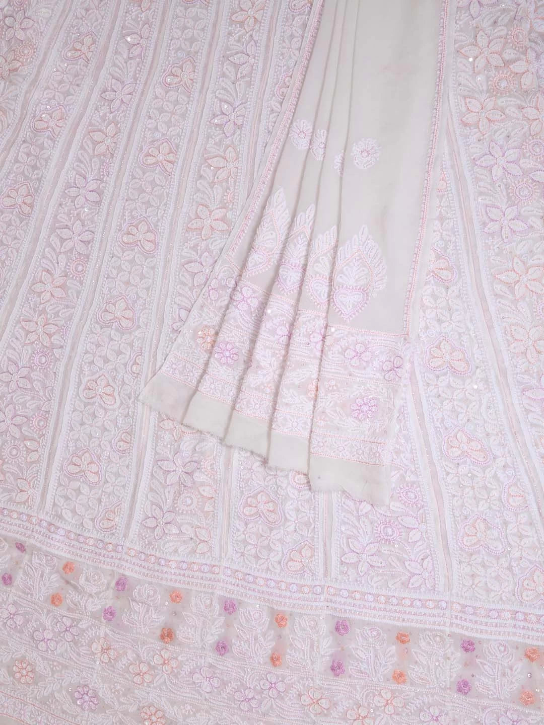 Ada Hand Embroidered White Pure Georgette Lucknowi Chikankari Semi-Stitched Anarkali Kurta Dupatta Set With Cutdana Work 01A283274