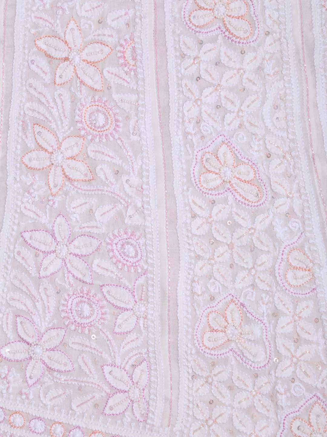 Ada Hand Embroidered White Pure Georgette Lucknowi Chikankari Semi-Stitched Anarkali Kurta Dupatta Set With Cutdana Work 01A283274