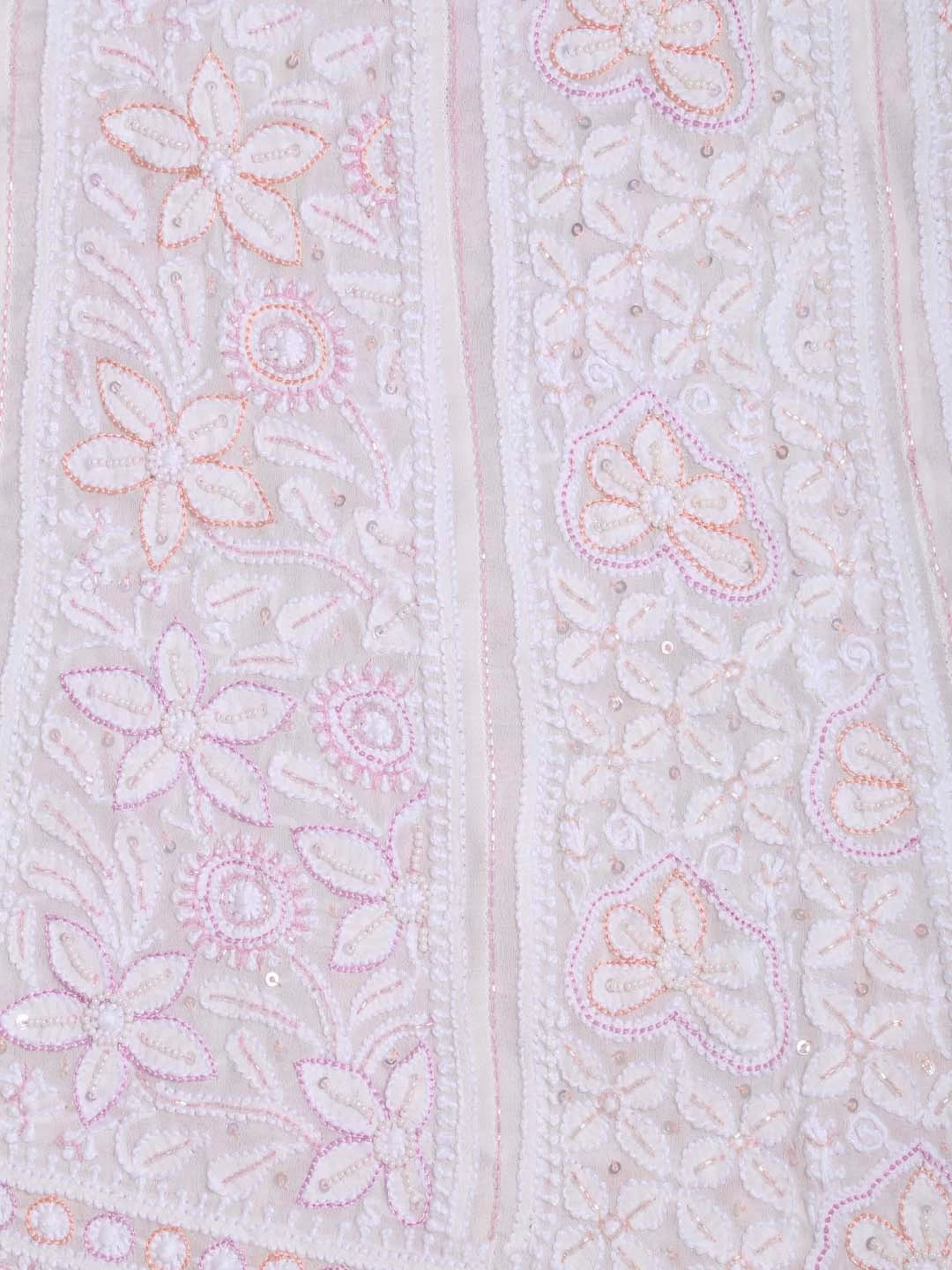 Ada Hand Embroidered White Pure Georgette Lucknowi Chikankari Semi-Stitched Anarkali Kurta Dupatta Set With Cutdana Work 01A283274