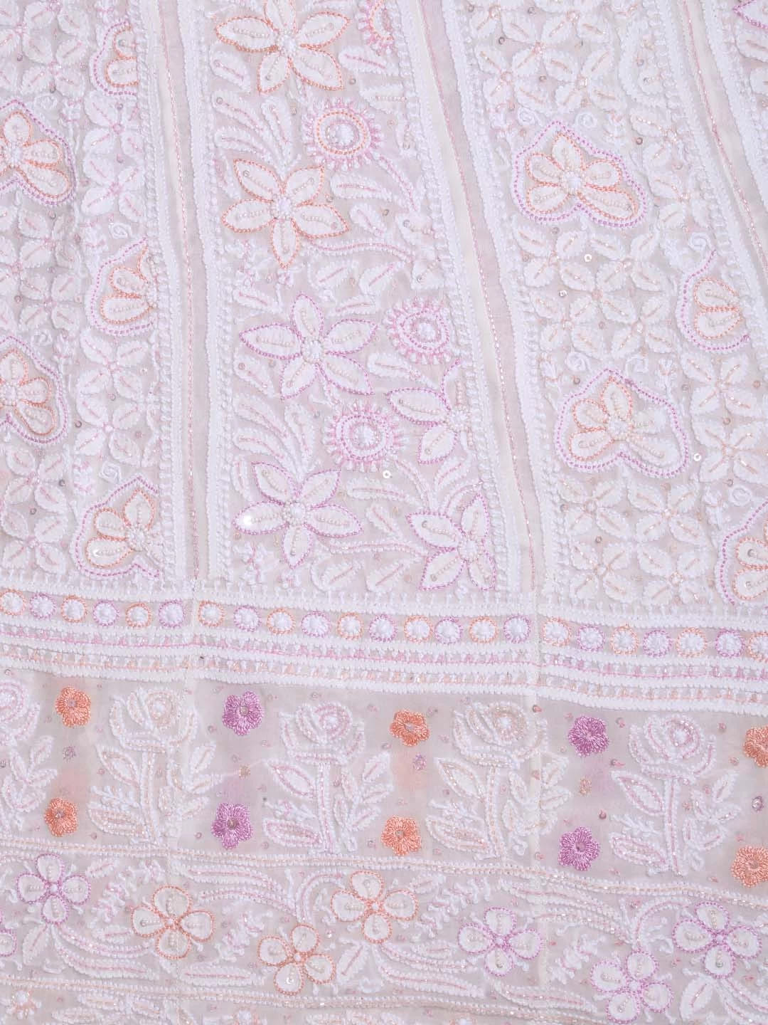 Ada Hand Embroidered White Pure Georgette Lucknowi Chikankari Semi-Stitched Anarkali Kurta Dupatta Set With Cutdana Work 01A283274