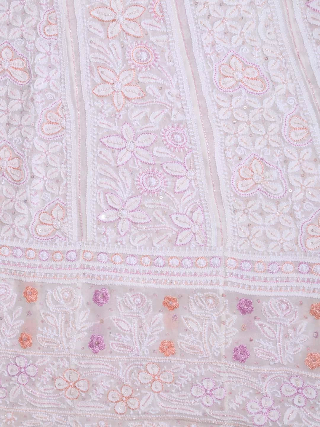 Ada Hand Embroidered White Pure Georgette Lucknowi Chikankari Semi-Stitched Anarkali Kurta Dupatta Set With Cutdana Work 01A283274