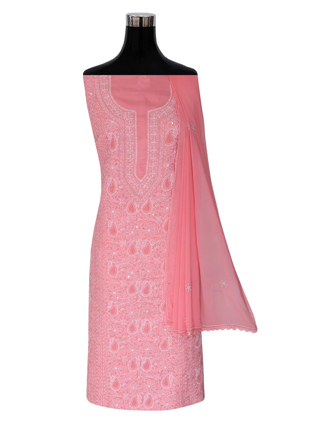 Ada Hand Embroidered Peach Cotton Lucknowi Chikankari Unstitched Suit Piece With Pearl Work 01A285103