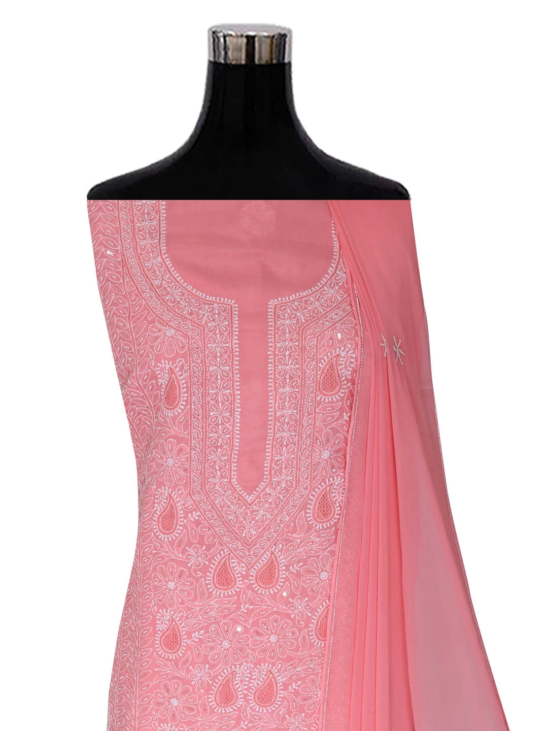 Ada Hand Embroidered Peach Cotton Lucknowi Chikankari Unstitched Suit Piece With Pearl Work 01A285103