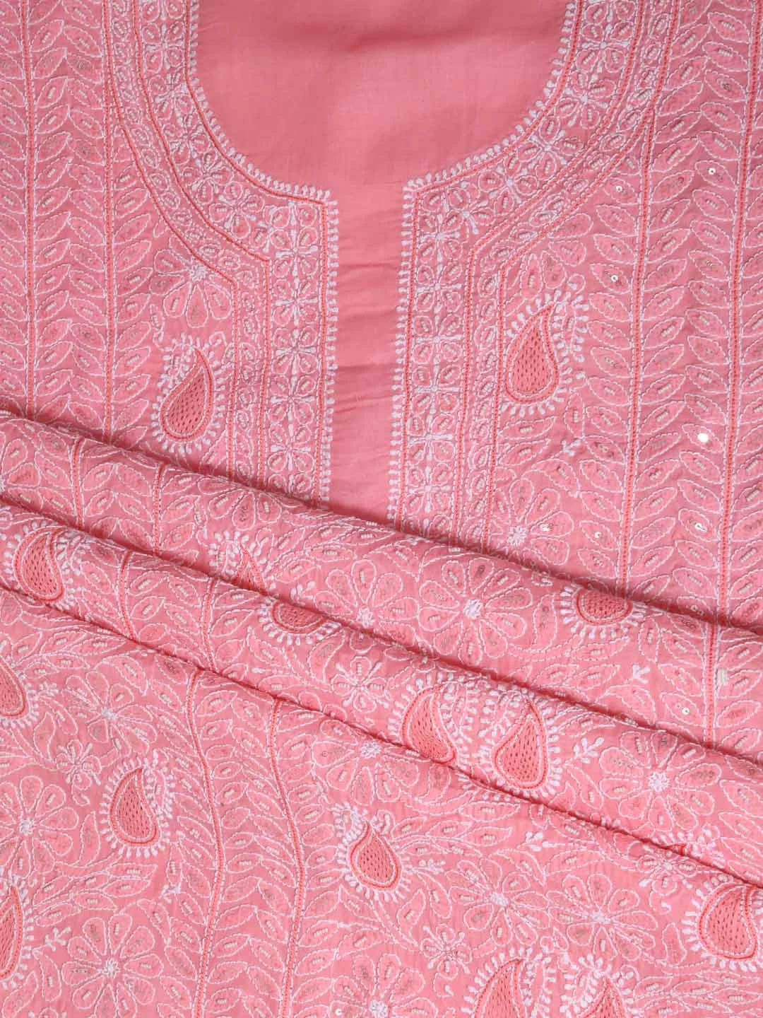 Ada Hand Embroidered Peach Cotton Lucknowi Chikankari Unstitched Suit Piece With Pearl Work 01A285103