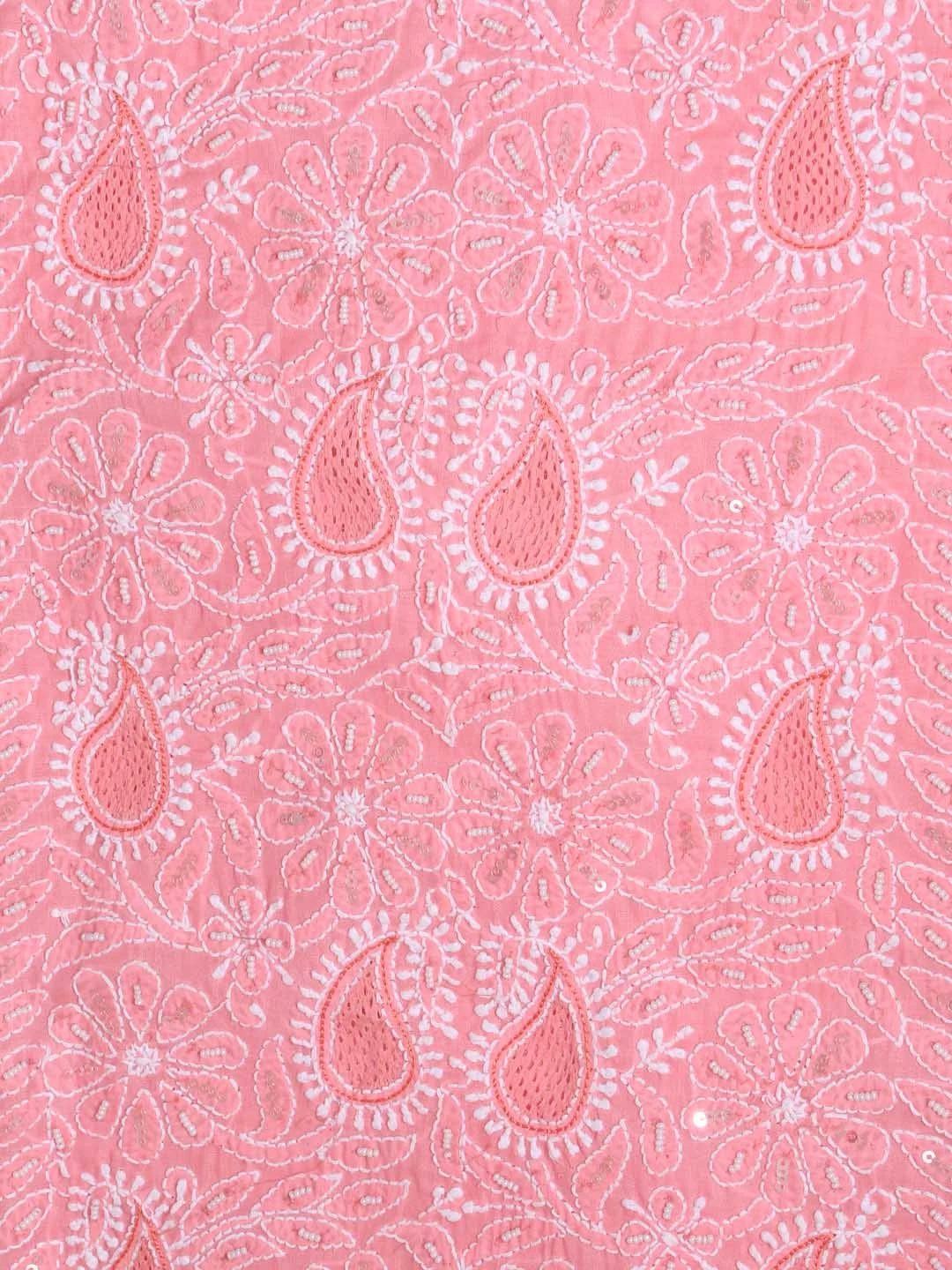 Ada Hand Embroidered Peach Cotton Lucknowi Chikankari Unstitched Suit Piece With Pearl Work 01A285103