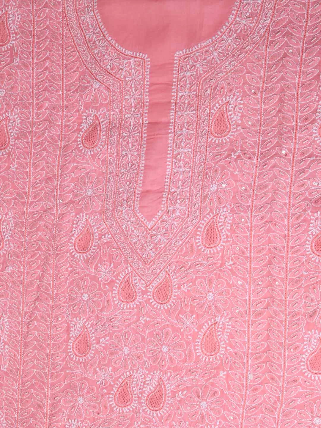 Ada Hand Embroidered Peach Cotton Lucknowi Chikankari Unstitched Suit Piece With Pearl Work 01A285103