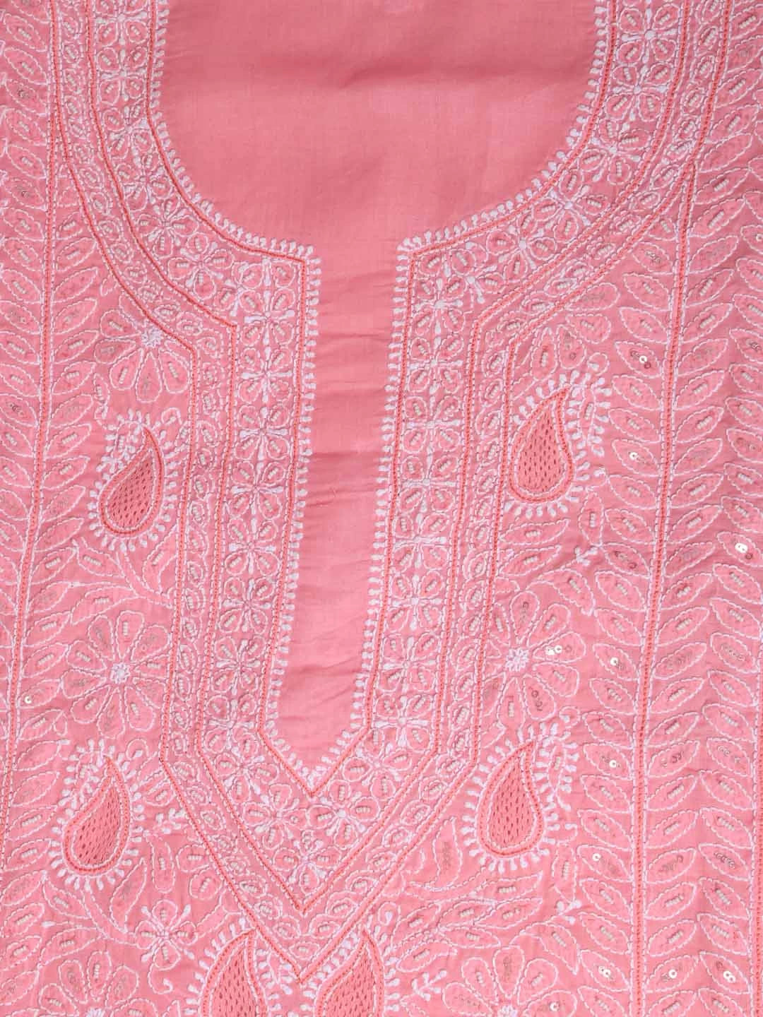 Ada Hand Embroidered Peach Cotton Lucknowi Chikankari Unstitched Suit Piece With Pearl Work 01A285103