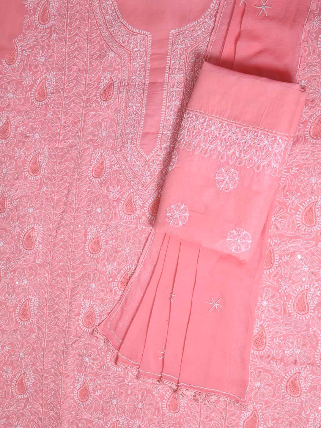 Ada Hand Embroidered Peach Cotton Lucknowi Chikankari Unstitched Suit Piece With Pearl Work 01A285103