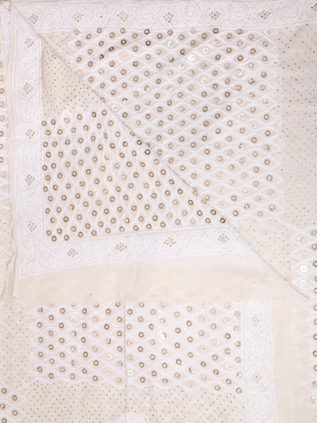 Ada Hand Embroidered Ivory Pure Georgette Lucknowi Chikankari Dupatta With Muqaish Work 01A388558