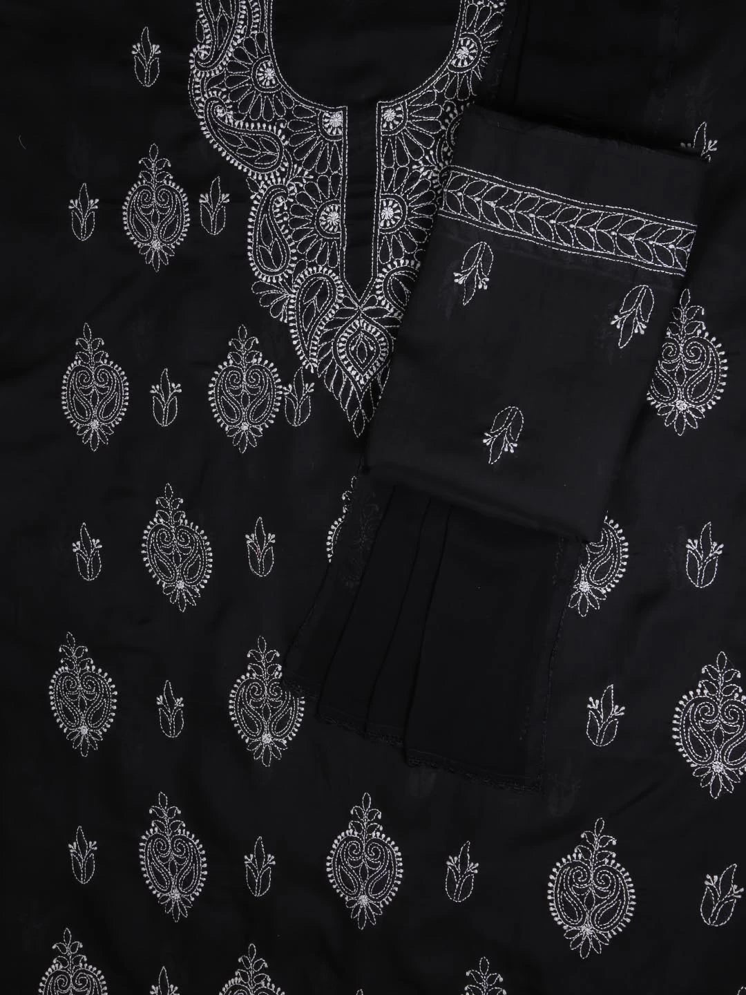 Ada Hand Embroidered Jed Black Cotton Lucknowi Chikankari Unstitched Suit Piece 01A358442
