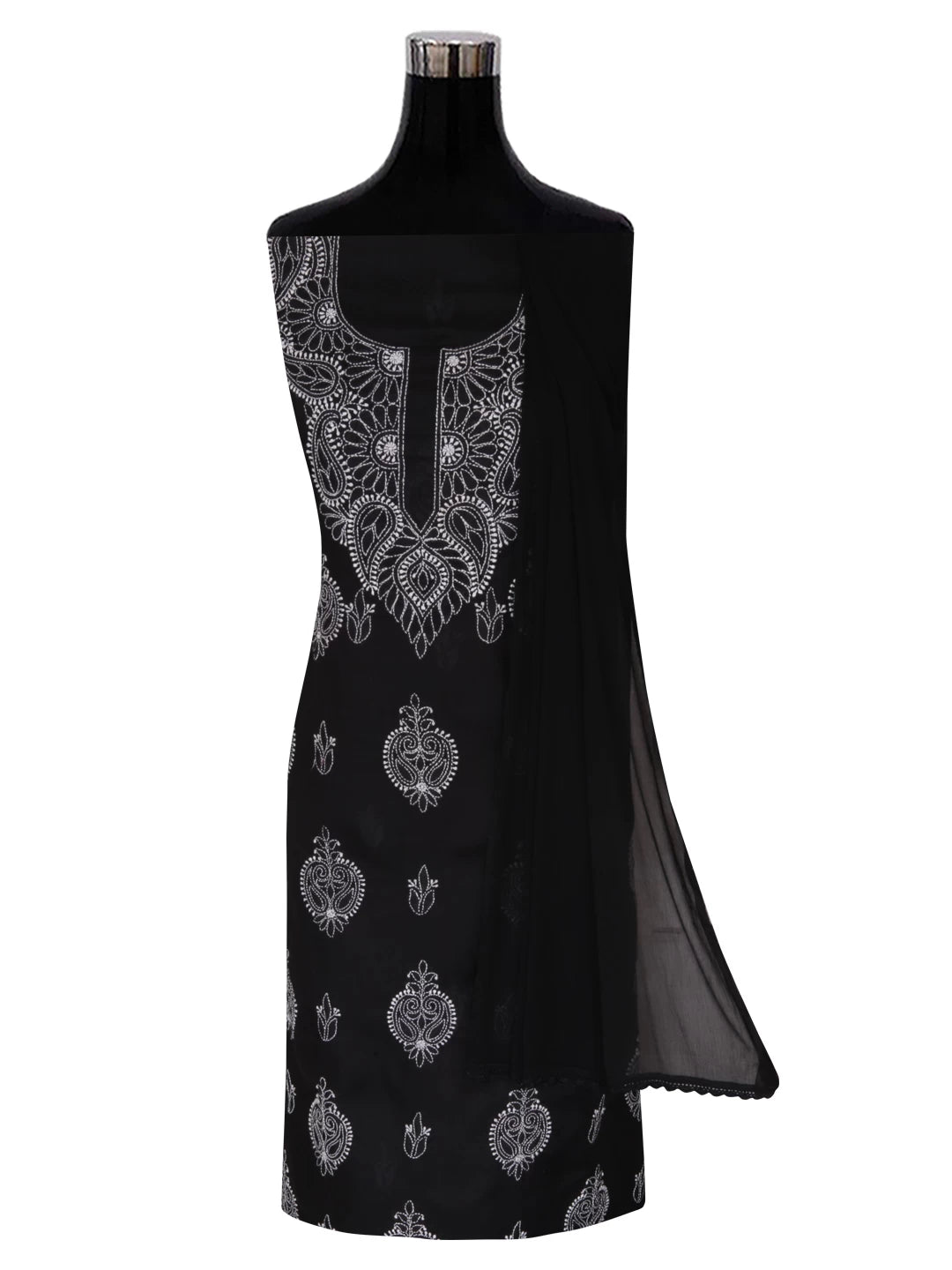 Ada Hand Embroidered Jed Black Cotton Lucknowi Chikankari Unstitched Suit Piece 01A358442